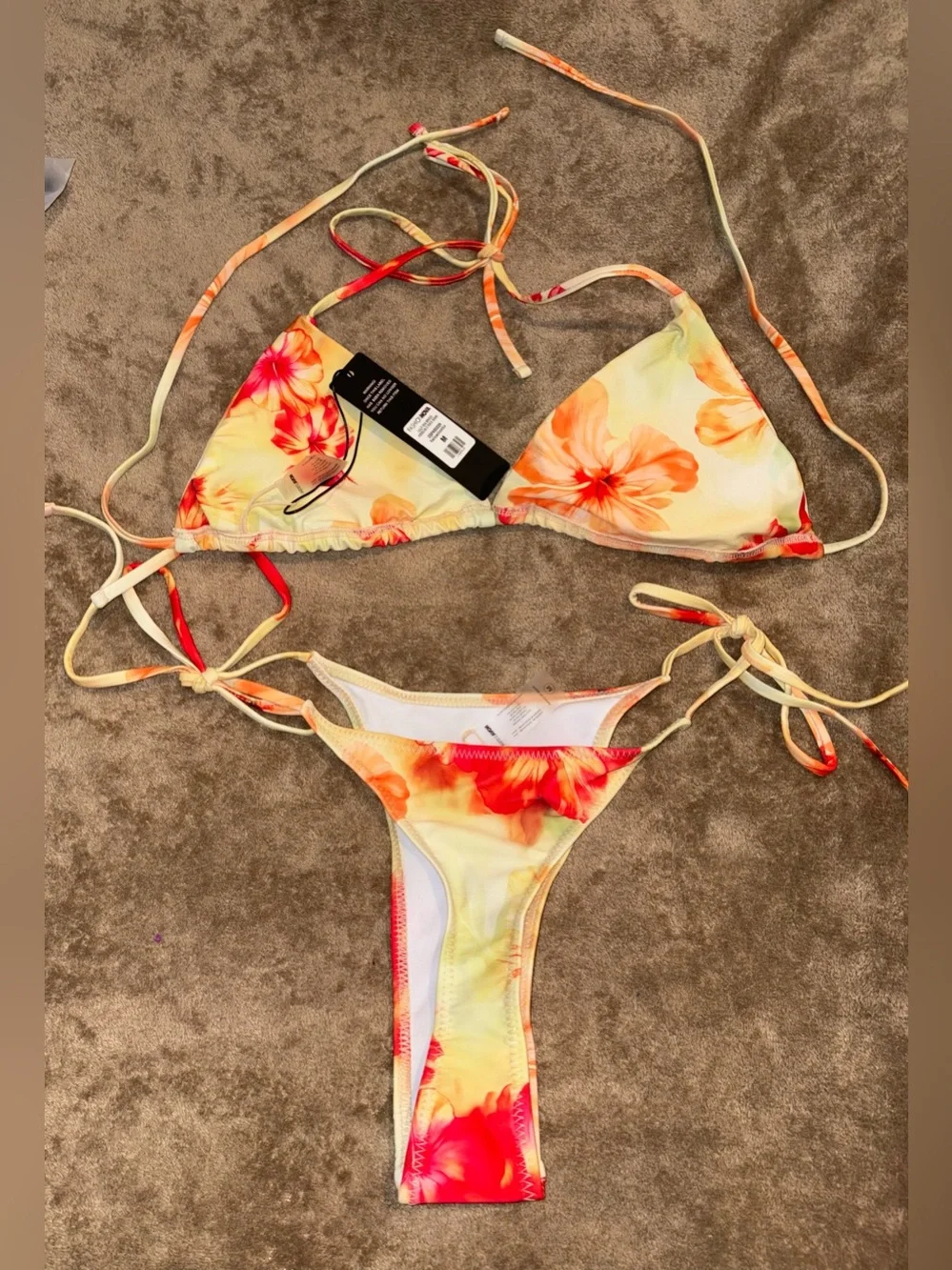 NWT Floral Tie-Strap Triangle Bikini Set - Yellow & Red Floral